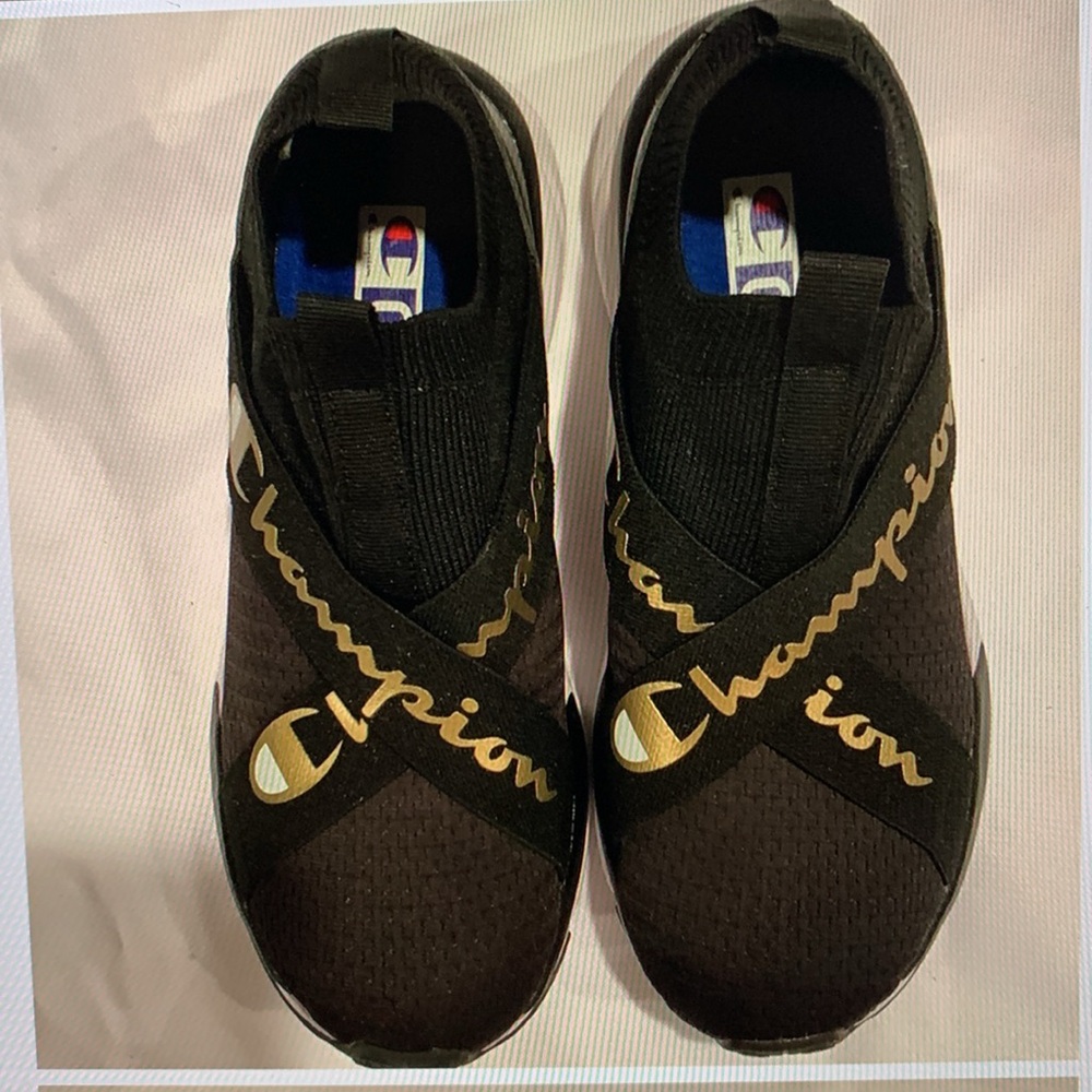 Champion Black and Gold Slip-On Sneakers Sleek Design, size 7
